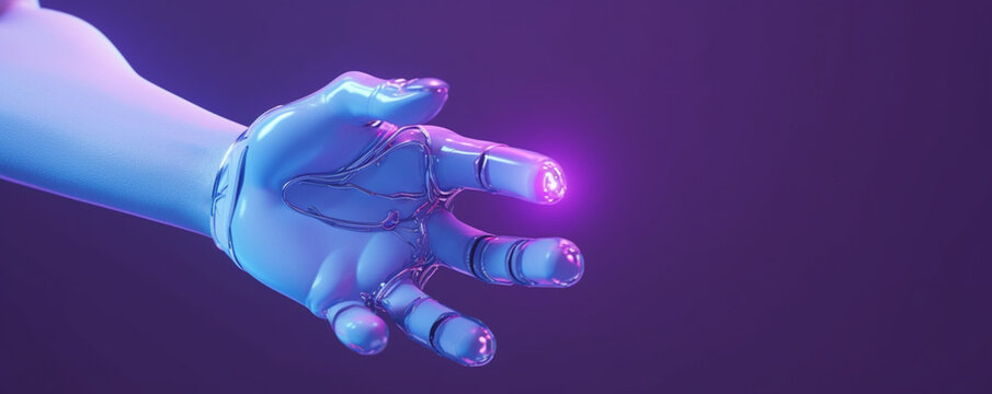 3d Avatar woman - cyborg hand close up - inviting, offering and introducing - copy space on a purple and blue background
