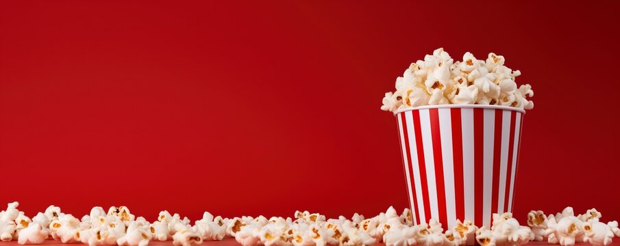 Popcorn on red background with empty space for text