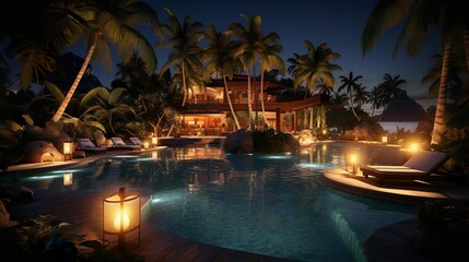 luxurious tropical resort pool in the night