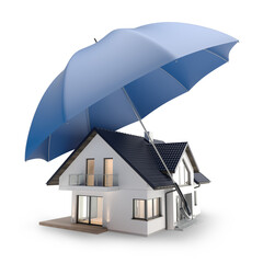 House insurance concept. 3D home with umbrella. 3D illustration