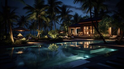 luxurious tropical resort pool in the night