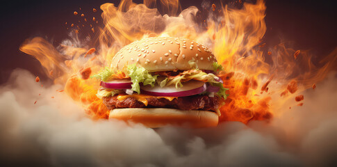 Beef burger with cheese, tomato, red onion, cucumber and lettuce with smoke effect and flame plumes on dark background. beef burger with crispy bacon. Generative AI. Made with AI generative.