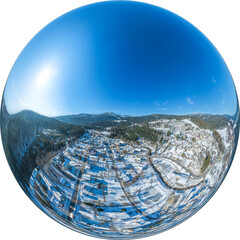 Winter in Bayerisch Eisenstein im Bayerischen Wald, Little Planet-Ansicht, freigestellt