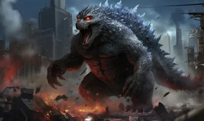 Fototapeten A giant monster, resembling Godzilla, wreaking havoc in a cityscape © uhdenis