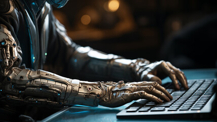 Robot hands over laptop keyboard. Ai generated - obrazy, fototapety, plakaty