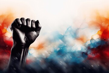 a image of Close up of human hand with clenched fist against color background with lights Generative AI - obrazy, fototapety, plakaty