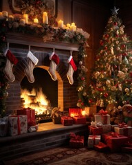 Holiday stockings hanging over a cozy fireplace in a cozy living room decorated with holiday decorations.