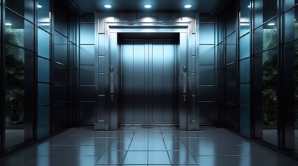 a image of Digital composite of Elevator in modern office building with plants in front of elevator door Generative AI - obrazy, fototapety, plakaty