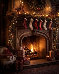 Fototapeta na wymiar Holiday stockings hanging over a cozy fireplace in a cozy living room decorated with holiday decorations.