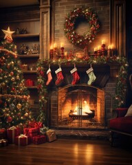 Holiday stockings hanging over a cozy fireplace in a cozy living room decorated with holiday decorations.