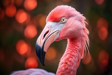 Gordijnen Head of pink flamingo bird on blurry background © Firn
