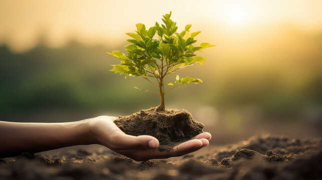 Hand carries a young plant under the bright sunlight. Hand holding a tree on blurred green nature background, Planting ideas and Earth Day. Generative AI
