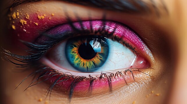 a image of Close up shot of beautiful woman eye with rainbow color lens bright make up concept of Holi festival Generative AI