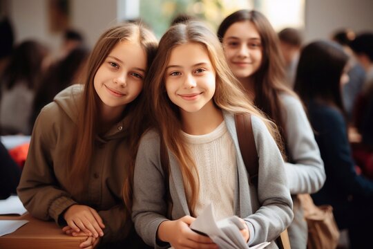a image of Group of happy teen girls studying together at school. Education concept. funny group of class Generative AI