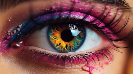 a photo of Close up shot of beautiful woman eye with rainbow color lens bright make up concept of Holi festival Generative AI - obrazy, fototapety, plakaty