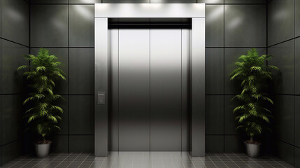 a photo of Digital composite of Elevator in modern office building with plants in front of elevator door Generative AI