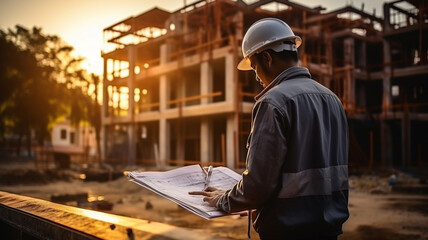 Rear view of the master foreman in uniform and helmet watches, controls the construction of the house.