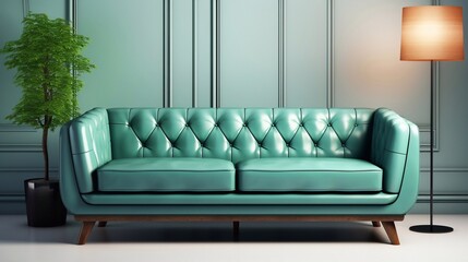 a photo of interior with green sofa and lamp on the wall, 3d render Generative AI