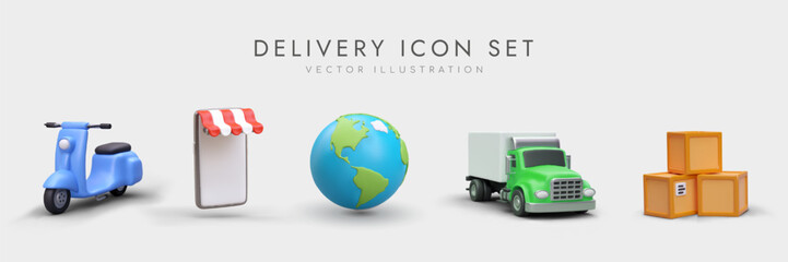 Worldwide delivery and logistic by truck. 3d scooter and different carton boxes. Online service for smartphones. Delivery icon set concept. Vector illustration
