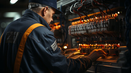 Fototapeta premium A male electrician works in a switchboard with an electrical connecting cable. Working professions concept