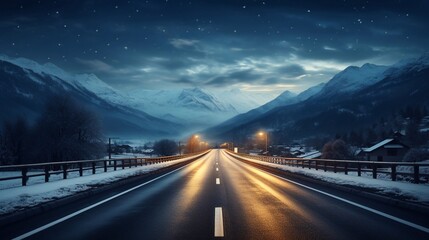 a picture of Asphalt road through the snowy mountains at night. 3d rendering Generative AI