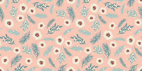 Christmas and Happy New Year seamless pattern. Christmas tree, flowers, berries. New Year symbols. Vector design