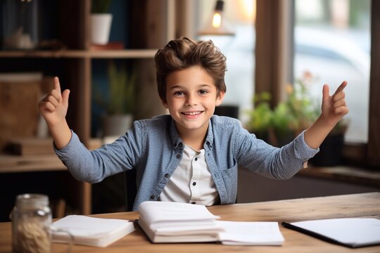 a picture of Cheerful preteen boy raising hands while doing homework at home Generative AI