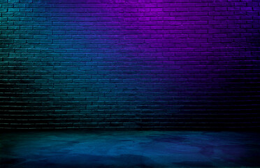 dark black brick wall background, rough concrete and plastered concrete floor, with gradient neon blue and purple glowing lights from above. lighting effect, blue and violet color tone.