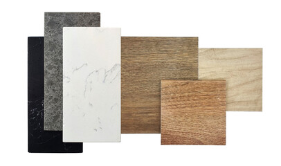 wood and artificial stone texture. ceramic flooring tiles and quartz stones samples isolated on background with clipping path. texture of natural surface decorating tile samples as wood and stones.