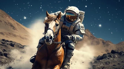 Poster Im Rahmen Astronaut riding a horse in the desert 3d rendering a man riding horse in desert with stars in the background Generative AI © Saim Art