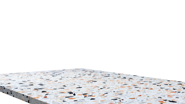 terrazzo stone marble table corner at foreground used as product displayed isolated on background with clipping path. perspective view of stone table showing edge of table.