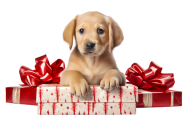 Cute puppy with festive red gift boxes cut out on transparent background. Giving Tuesday, Christmas gifts or boxing day