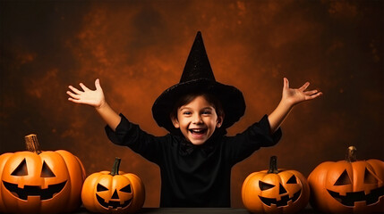 Happy kid dressed as wizard posing with carved Halloween pumpkins - ai generative