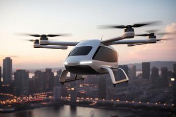 A generic white electric powered Vertical Take Off and Landing eVTOL aircraft with four rotors, coming in to land on roof top helipad with high city city buildings in the background