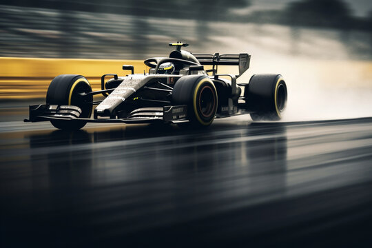 A Generic Race Car Moving At High Speed Around A Corner On A Racetrack, In Slightly Damp Conditions Causing Tyres To Emit Spray, With Motion Blur To The Wheel And Track