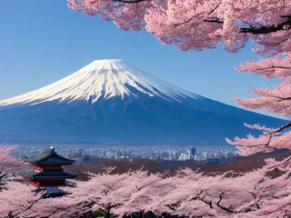 Papier Peint photo autocollant Mont Fuji Mount Fuji with cherry blossom at Lake kawaguchiko in japan