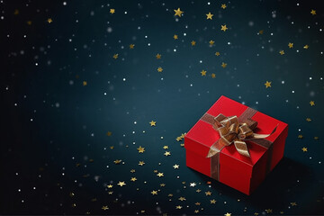 A red festive box with a tag on a dark background with a vignette and star confetti, place for text - obrazy, fototapety, plakaty