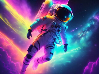 Fototapeta premium Astronaut adrift in the vastness of a galaxy, bright colors, neon lights, milky way galaxy and a radiant moon, wonder ,exploration, space