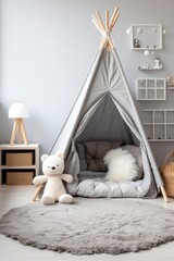 Children's room with grey plush carpet and small tent