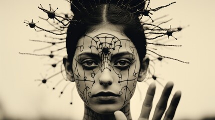CLoseup portrait black and white faded vintage style photograph of surreal model with spiderweb and sticks style art on her face and hair, hand reaching, intense stare, drawing on face, twigs in hair