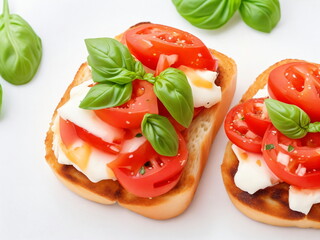 Bruschetta with tomatoes, mozzarella cheese and basil on a light background. Traditional italian appetizer or snack, antipasto