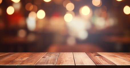 Wooden table with dark blurred background of a restaurant