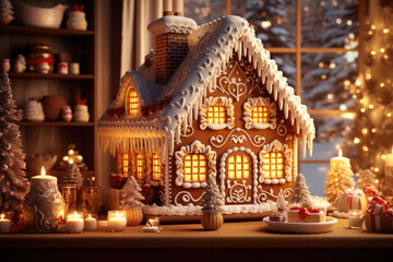 Fototapeta premium Luxurious Christmas gingerbread house on christmas kitchen background. Christmas baking, sweets. Hand decorated.Cozy home atmosphere, family time. Christmas greeting card cover