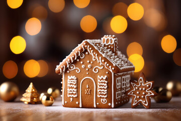 Christmas Gingerbread house on the background of golden festive bokeh.Christmas baking.Holiday mood.