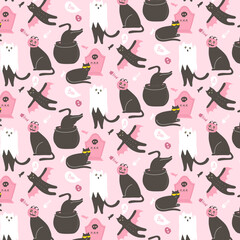 black and pink cat halloween seamless pattern
