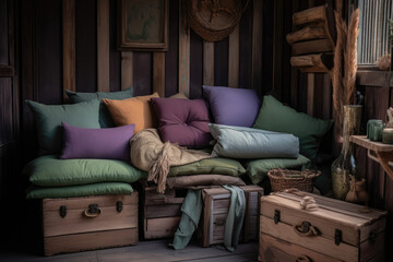 Obraz na płótnie Canvas Boho interior with pastel cushions & crates