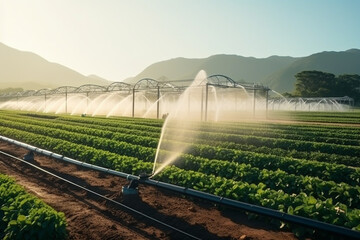 Agricultural water sprinklers watering farm plants