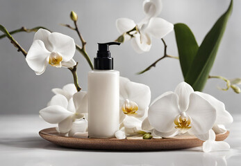 Obraz na płótnie Canvas white orchid and bottle of perfume, white orchid and bottle, white orchid