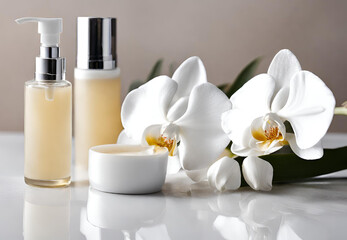 Fototapeta na wymiar white orchid and bottle of perfume, white orchid and bottle, white orchid