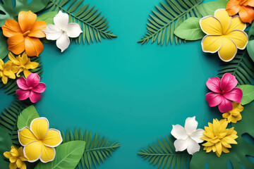 Summer background with beautiful tropical flowers and green tropical palm leaves with a green background and empty space in the middle for your text.
